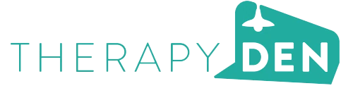 Logo of Therapy Den with the word therapy, a teal houselike icon, and the word DEN inside the icon.
